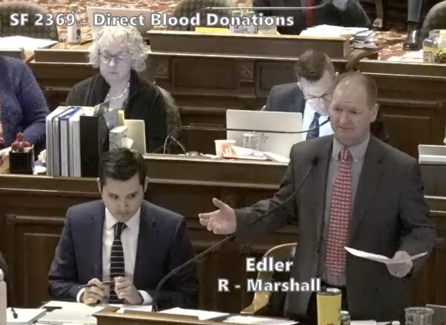 Screenshot from official video of State Senator Jeff Edler floor managing a bill on blood donations