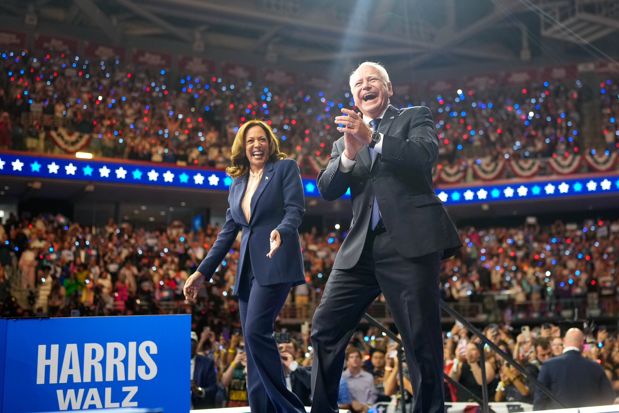 Photo of Vice President Kamala Harris and Minnesota Governor Tim Walz at a Philadelphia rally on August 6